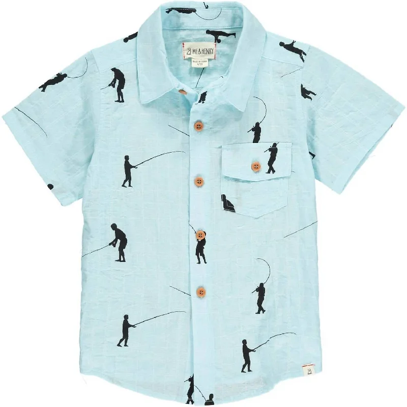 Boys Aloha Woven Button Down Shirt In Blue Fisherman