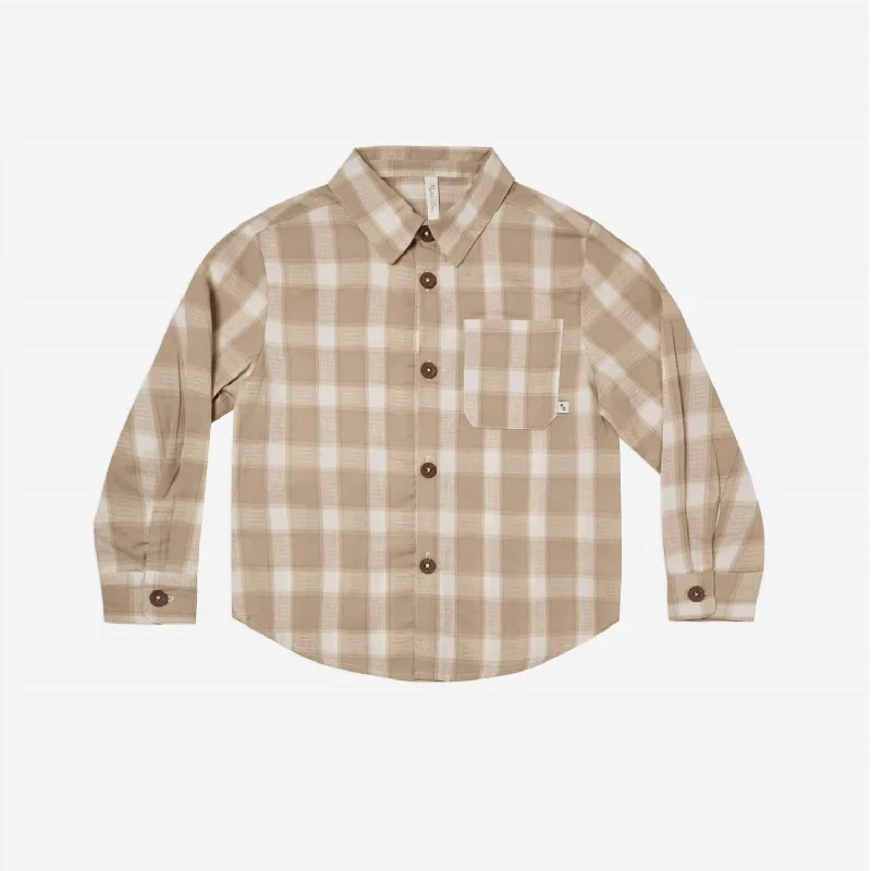 Boy's Collared Long Sleeve Shirt In Putty Plaid