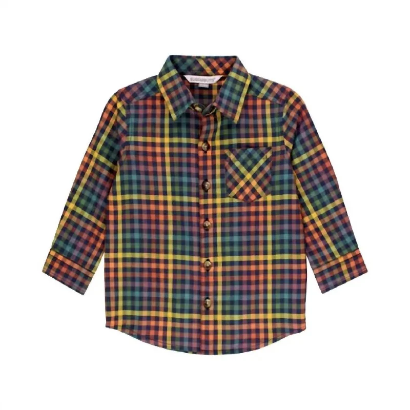 Boy's Long Sleeve Button Down Shirt In Harvest Rainbow Gingham