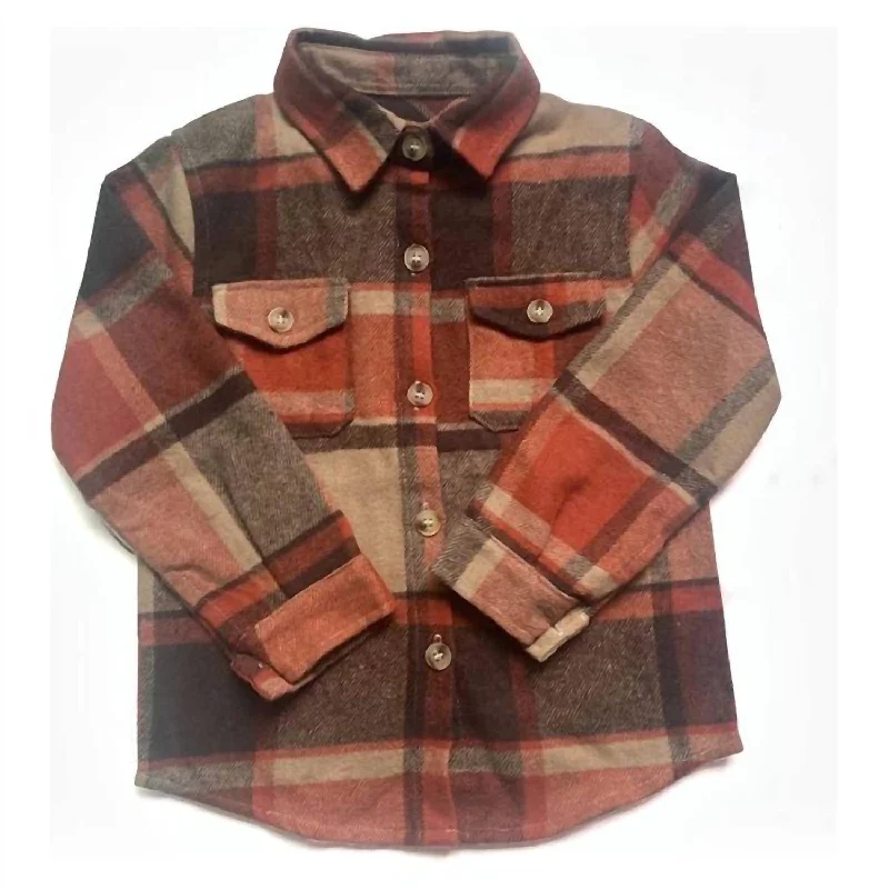 Boy's Plaid Flannel Shirt In Camel Multi