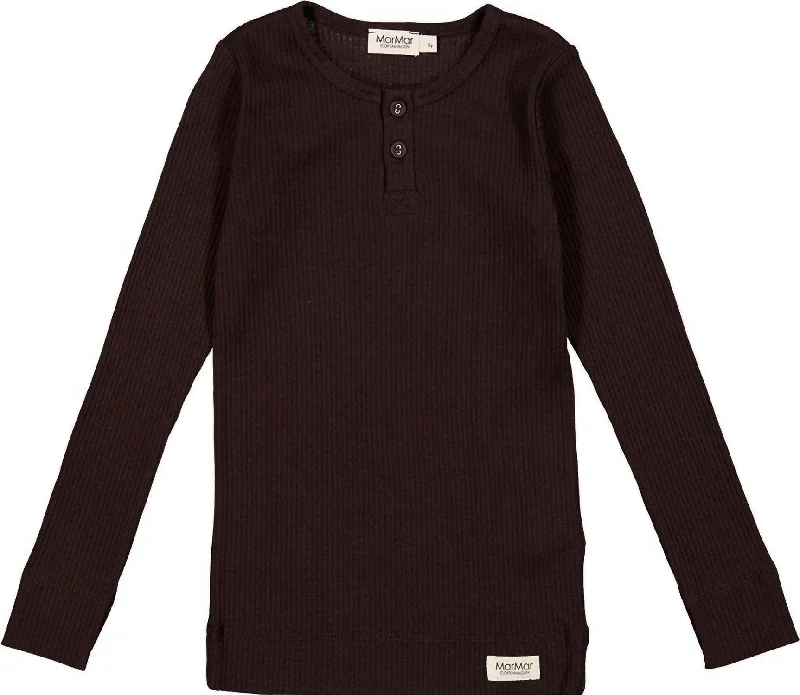 Boys Ribbed Long Sleeve Henley Shirt In Dark Chocolate