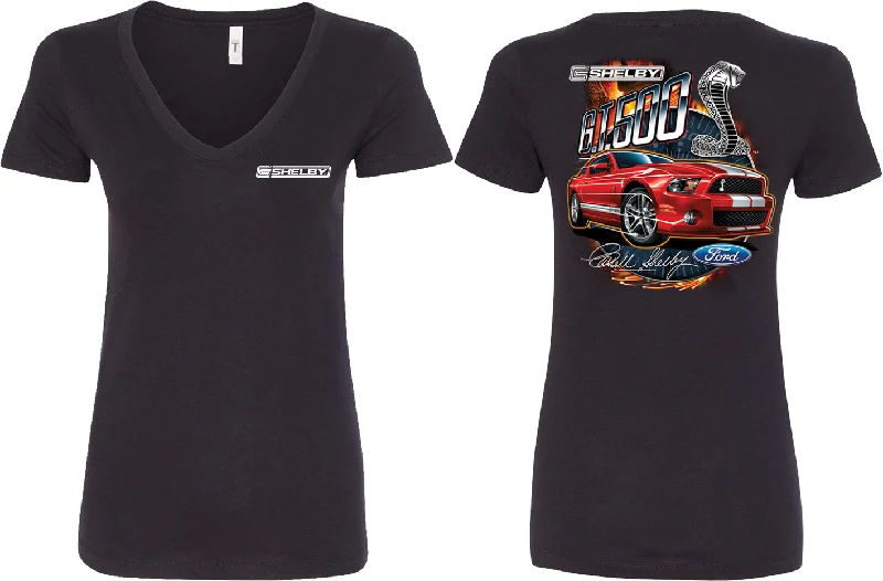 Ladies Ford Mustang V-Neck Shirt Red Shelby GT500 Front and Back