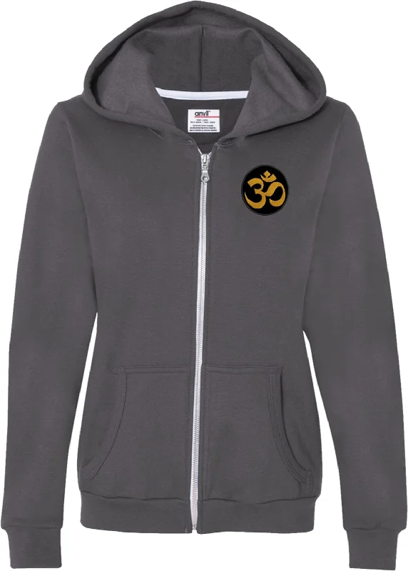 Ladies Yoga Full Zip Hoodie Gold Aum Patch Pocket Print