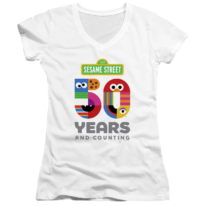 Sesame Street Juniors V-Neck T-Shirt 50th Anniversary Logo White Tee