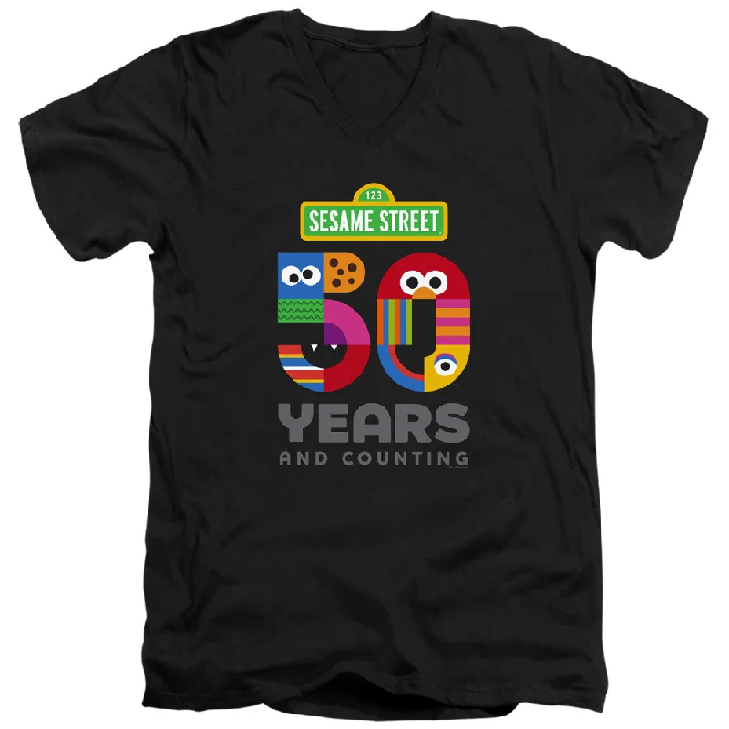 Sesame Street Slim Fit V-Neck T-Shirt 50th Anniversary Logo Black Tee