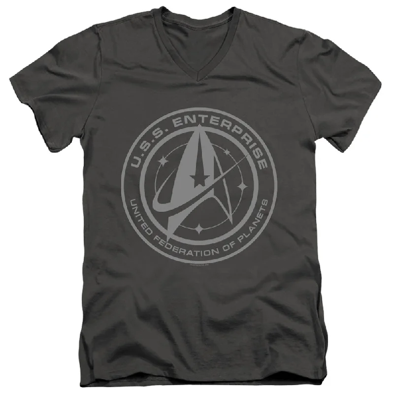 Star Trek Slim Fit V-Neck T-Shirt Enterprise Crest Charcoal Tee